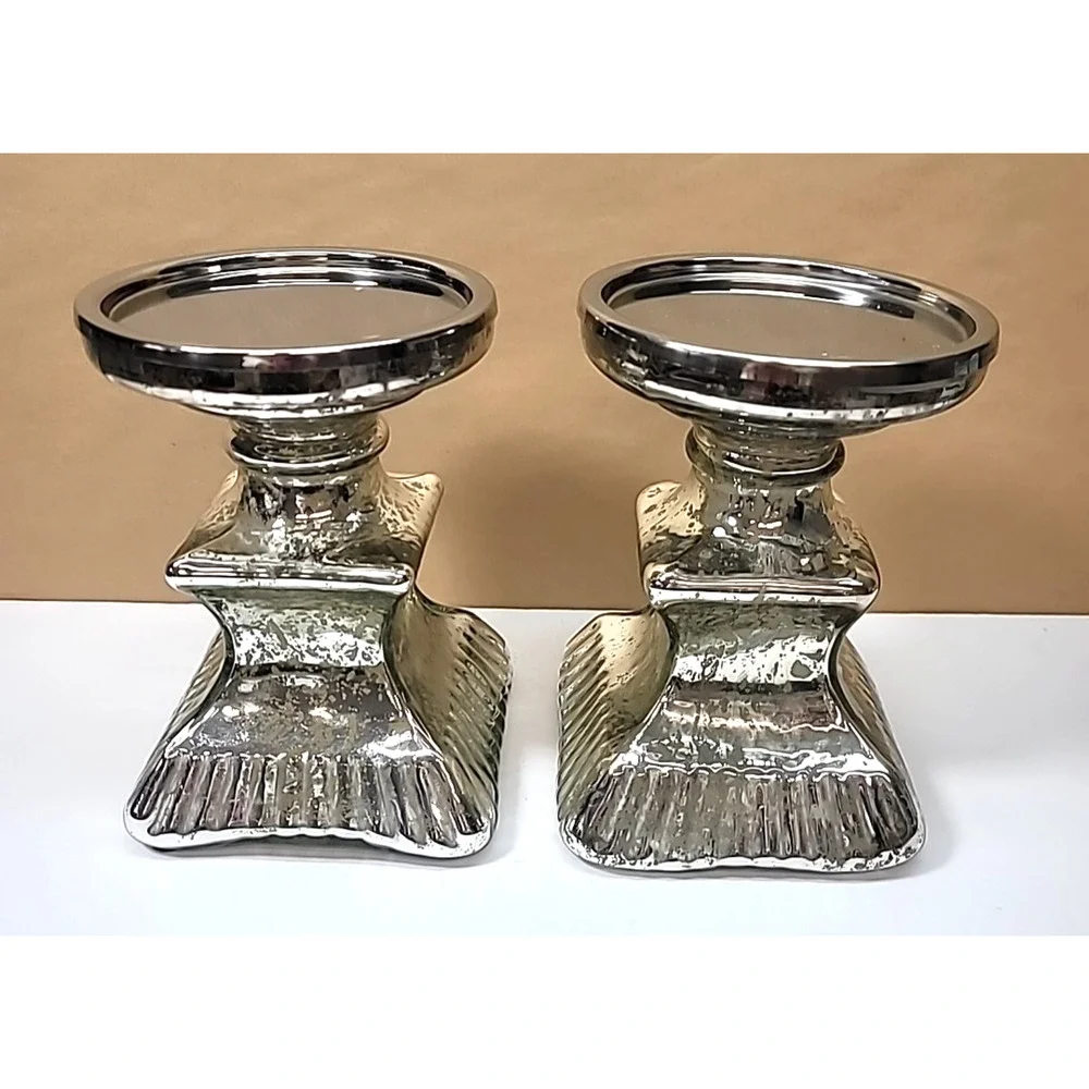Pair Of Mercury Glass‎ Pillar Candle Holders 7.25” Tall-Square Base